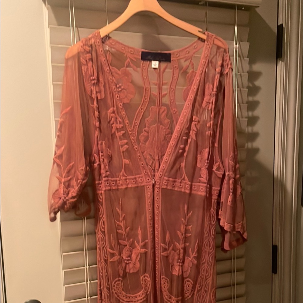 Blue Rain Embroidered Sheer Wrap - Coral